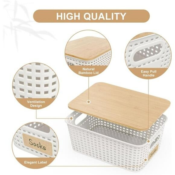 Plastic Storage Bins with Bamboo Lids 6 Pack Stackable Closet Organizer White - Picture 2 of 8